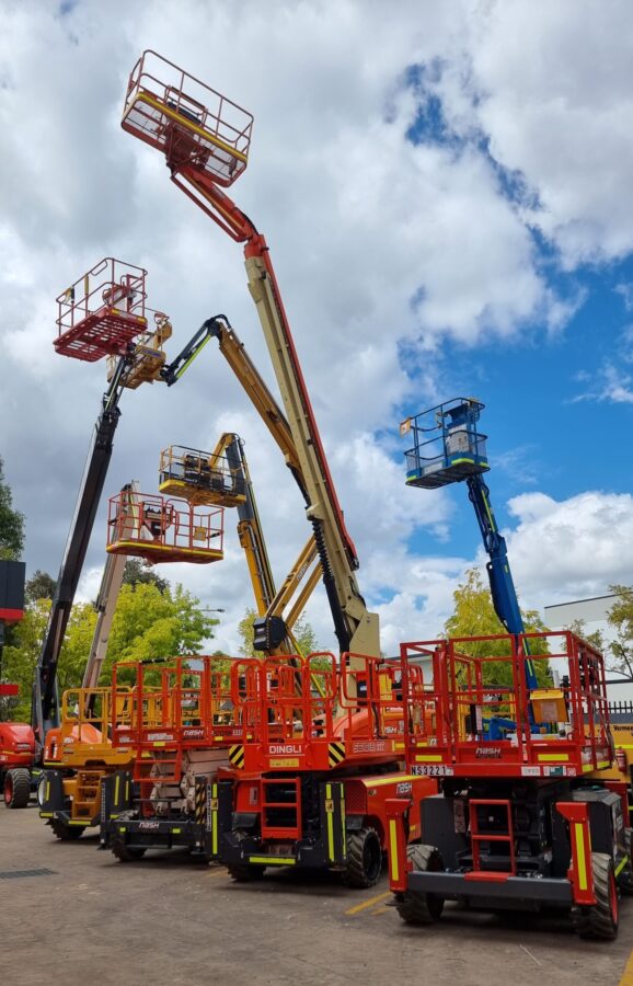 Scissor lift, knuckle booms, access equipment in workshop